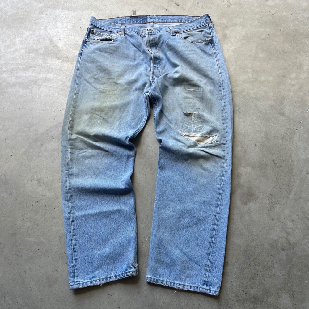 Vintage 90s Levis‎ 501 Jeans Made in USA Light Wash Distressed 38x29 Mens Blue